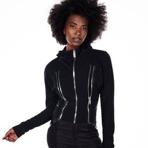 Women's Hooded Jacket, Black, Cotton Blend with Spandex, Zipper Front